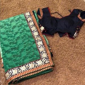 Green & Navy blue Saree with a border